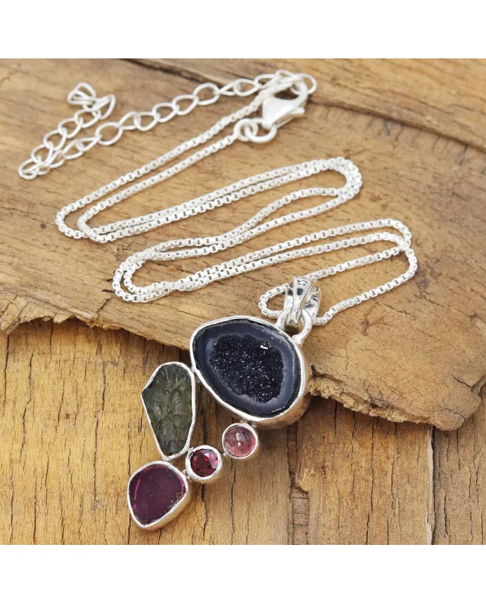 Sterling Silver Tabasco Geode, Moldavite, Tourmaline & Garnet Pendant