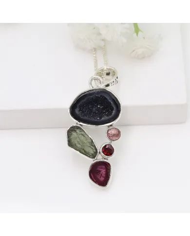 Sterling Silver Tabasco Geode, Moldavite, Tourmaline & Garnet Pendant