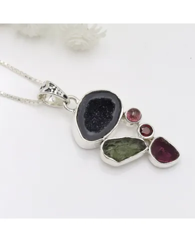 Sterling Silver Tabasco Geode, Moldavite, Tourmaline & Garnet Pendant