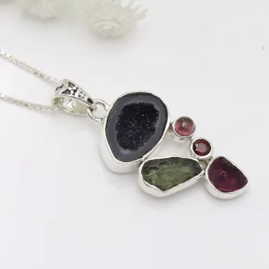 Sterling Silver Tabasco Geode, Moldavite, Tourmaline & Garnet Pendant