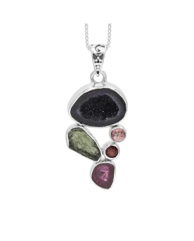 Sterling Silver Tabasco Geode, Moldavite, Tourmaline & Garnet Pendant