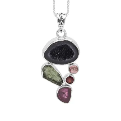 Sterling Silver Tabasco Geode, Moldavite, Tourmaline & Garnet Pendant