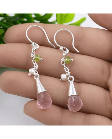 925 Sterling Silver Rose Quartz, Pearl & Peridot Drop Earrings for Her