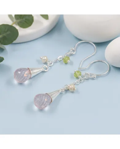 925 Sterling Silver Rose Quartz, Pearl & Peridot Drop Earrings for Her