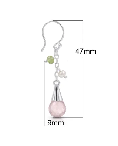 925 Sterling Silver Rose Quartz, Pearl & Peridot Drop Earrings for Her