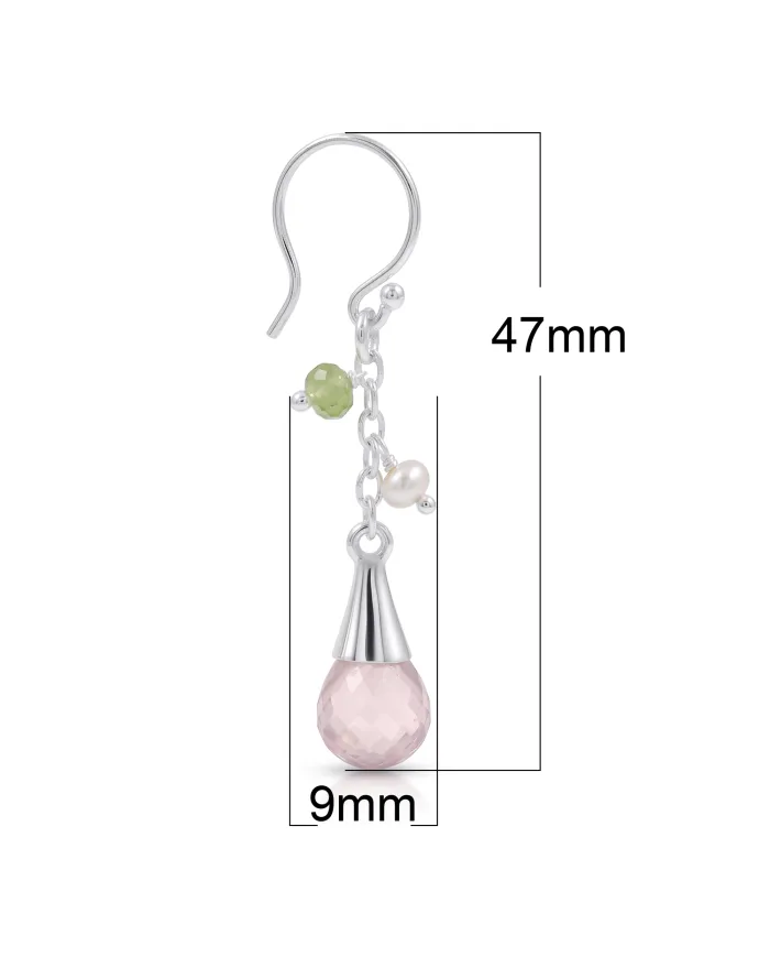 925 Sterling Silver Rose Quartz, Pearl & Peridot Drop Earrings for Her
