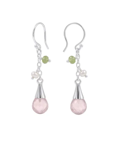 925 Sterling Silver Rose Quartz, Pearl & Peridot Drop Earrings for Her