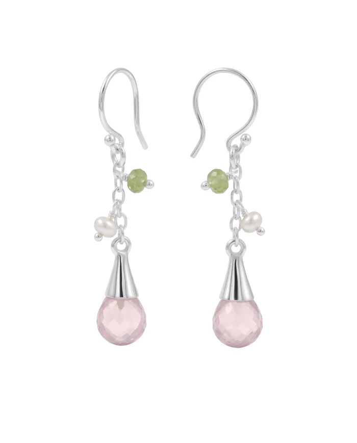 925 Sterling Silver Rose Quartz, Pearl & Peridot Drop Earrings for Her