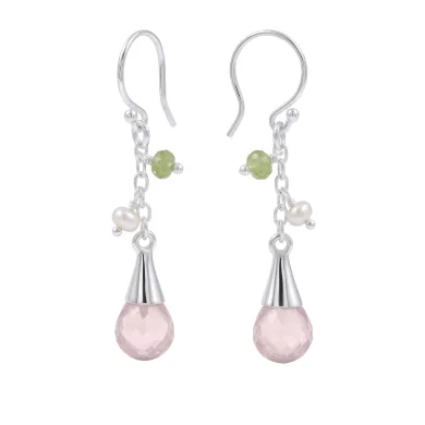 925 Sterling Silver Rose Quartz, Pearl & Peridot Drop Earrings for Her