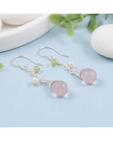 925 Sterling Silver Rose Quartz, Pearl & Peridot Drop Earrings for Her