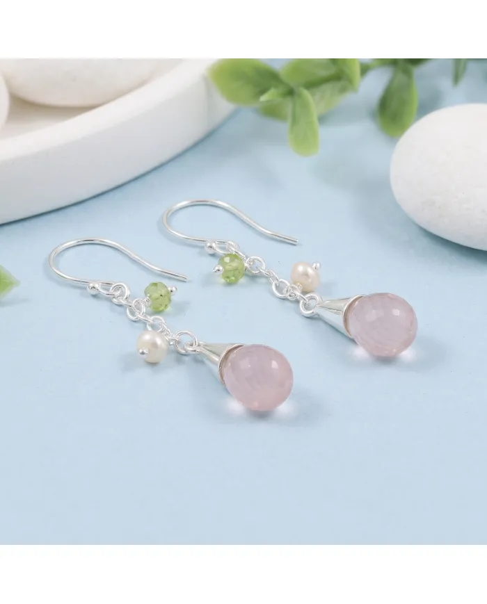 925 Sterling Silver Rose Quartz, Pearl & Peridot Drop Earrings for Her
