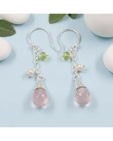 925 Sterling Silver Rose Quartz, Pearl & Peridot Drop Earrings for Her