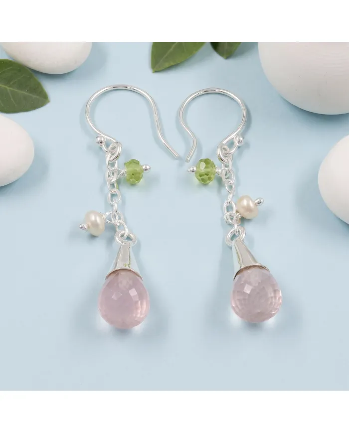925 Sterling Silver Rose Quartz, Pearl & Peridot Drop Earrings for Her