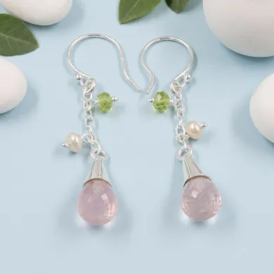 925 Sterling Silver Rose Quartz, Pearl & Peridot Drop Earrings for Her