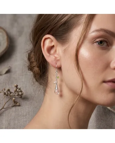 925 Sterling Silver Rose Quartz, Pearl & Peridot Drop Earrings for Her