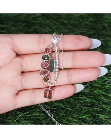 Multi Tourmaline Pendant 925 Sterling Silver Handmade Gemstone Jewelry
