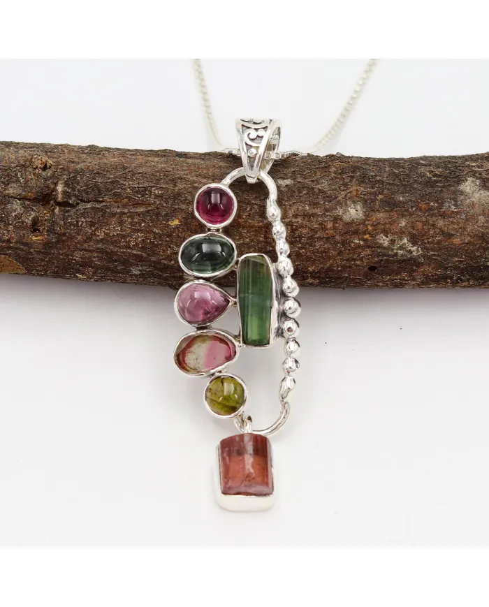 Multi Tourmaline Pendant 925 Sterling Silver Handmade Gemstone Jewelry