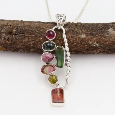 Multi Tourmaline Pendant 925 Sterling Silver Handmade Gemstone Jewelry