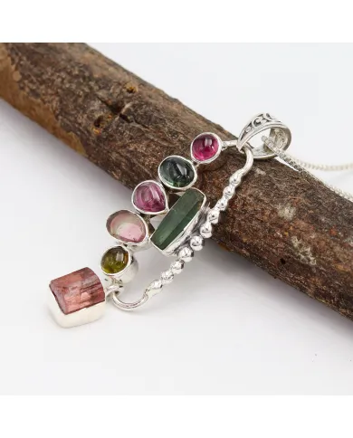 Multi Tourmaline Pendant 925 Sterling Silver Handmade Gemstone Jewelry