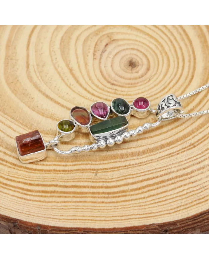 Multi Tourmaline Pendant 925 Sterling Silver Handmade Gemstone Jewelry
