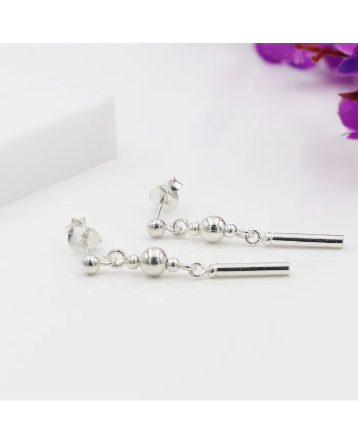 925 Sterling Silver Ball & Bar Dangle Earring Lightweight Jewelry