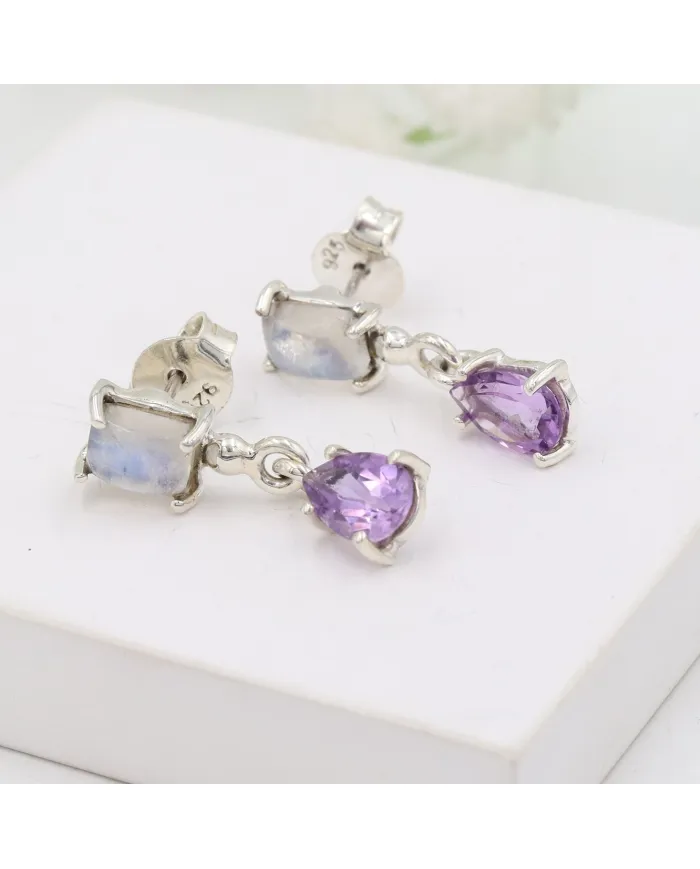 Amethyst & Moonstone Earrings - 925 Sterling Silver Handmade Jewelry