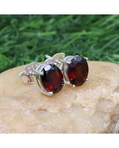 Garnet Stud Earrings - 925 Sterling Silver Minimalist Jewelry
