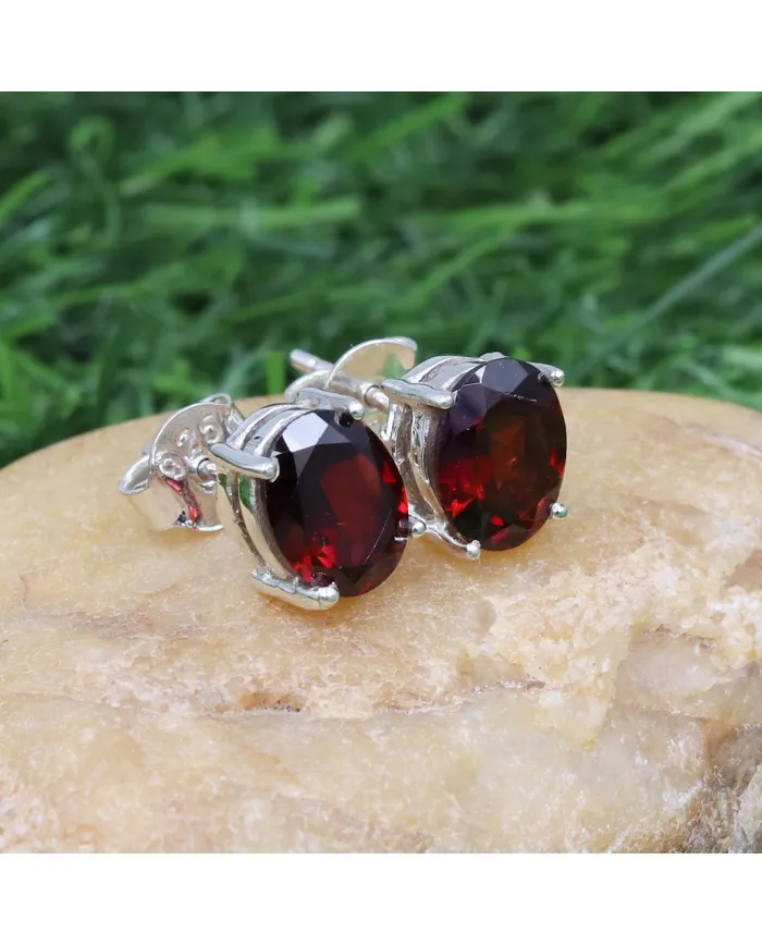 Garnet Stud Earrings - 925 Sterling Silver Minimalist Jewelry