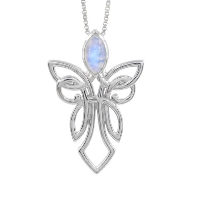 925 Sterling Silver Moonstone Celtic Guardian Angel Pendant Necklace