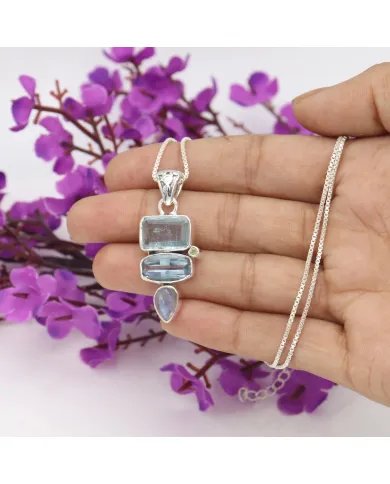 Aquamarine Pendant - Sterling Silver Pendant Sky Blue Topaz Moonstone and Peridot Pendant Statement Handcrafted Necklace for Her