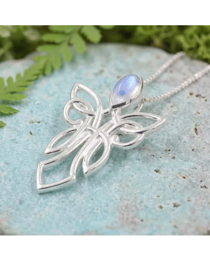 925 Sterling Silver Moonstone Celtic Guardian Angel Pendant Necklace