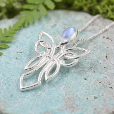 925 Sterling Silver Moonstone Celtic Guardian Angel Pendant Necklace