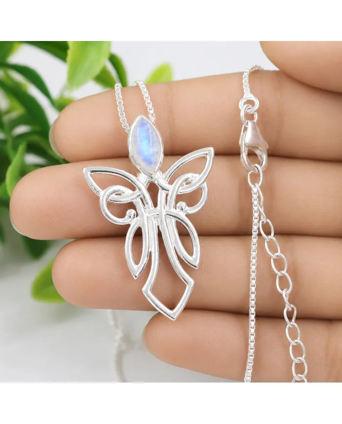 925 Sterling Silver Moonstone Celtic Guardian Angel Pendant Necklace