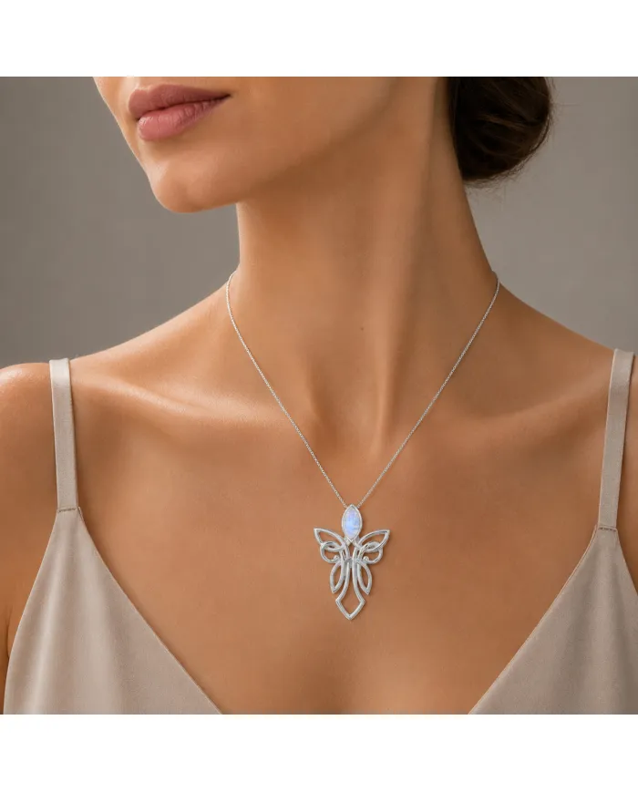 925 Sterling Silver Moonstone Celtic Guardian Angel Pendant Necklace