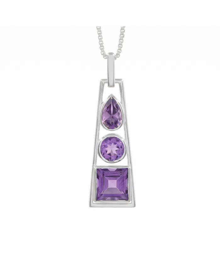 Multi-Shaped Amethyst Pendant 925 Sterling Silver Handmade Jewelry