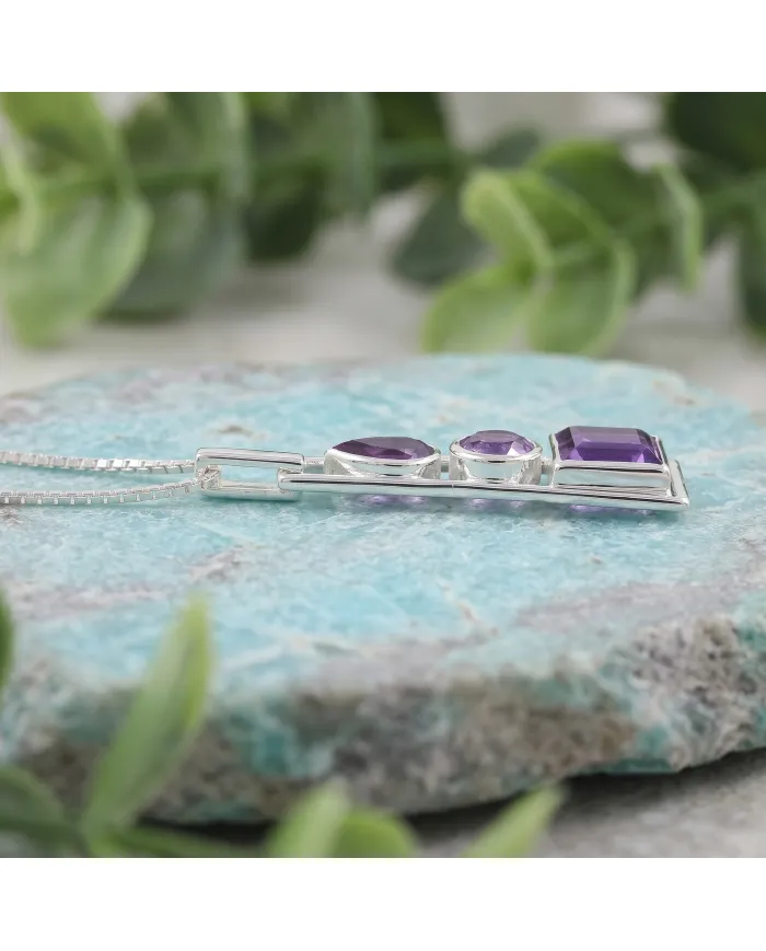 Multi-Shaped Amethyst Pendant 925 Sterling Silver Handmade Jewelry