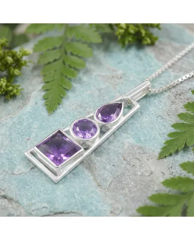 Multi-Shaped Amethyst Pendant 925 Sterling Silver Handmade Jewelry