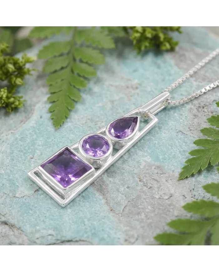 Multi-Shaped Amethyst Pendant 925 Sterling Silver Handmade Jewelry