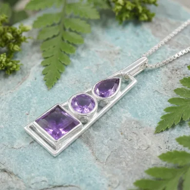 Multi-Shaped Amethyst Pendant 925 Sterling Silver Handmade Jewelry