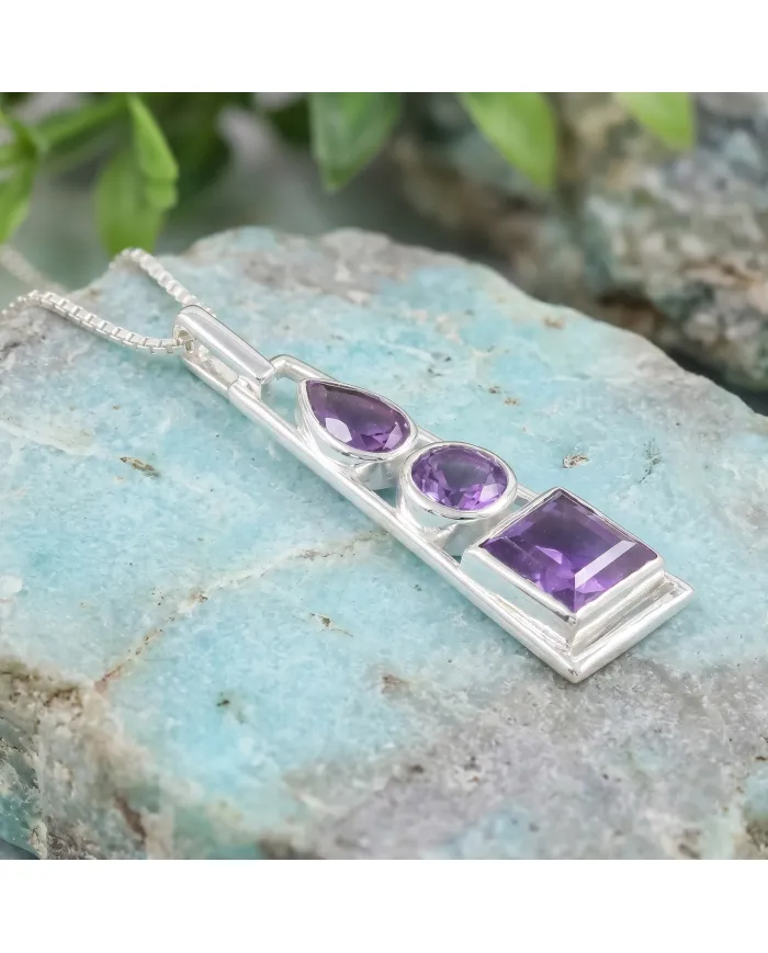 Multi-Shaped Amethyst Pendant 925 Sterling Silver Handmade Jewelry