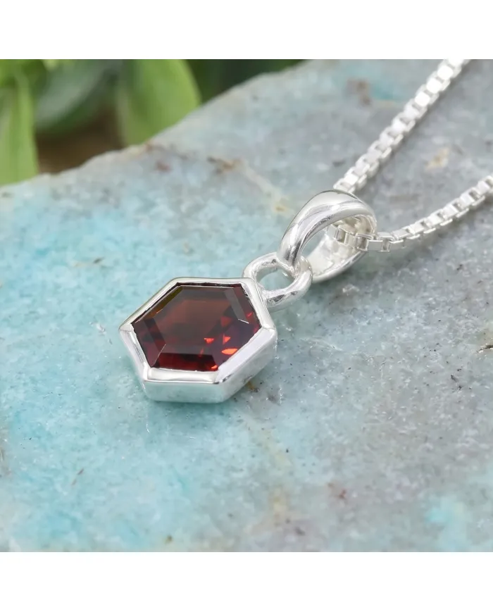 Hexagon Garnet Pendant 925 Sterling Silver Handmade Minimalist Jewelry