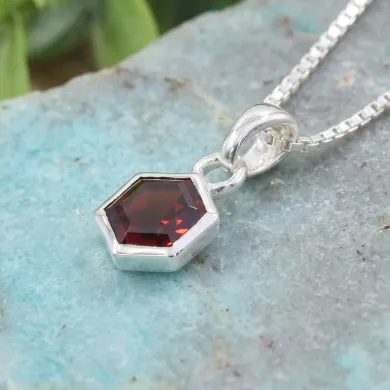 Hexagon Garnet Pendant 925 Sterling Silver Handmade Minimalist Jewelry
