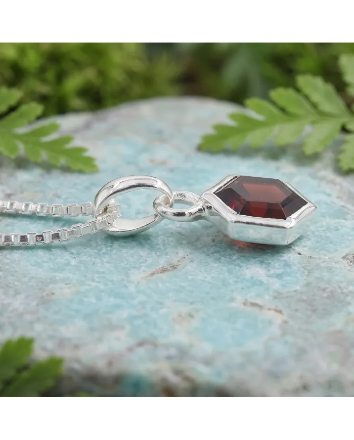 Hexagon Garnet Pendant 925 Sterling Silver Handmade Minimalist Jewelry