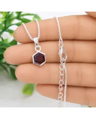 Hexagon Garnet Pendant 925 Sterling Silver Handmade Minimalist Jewelry