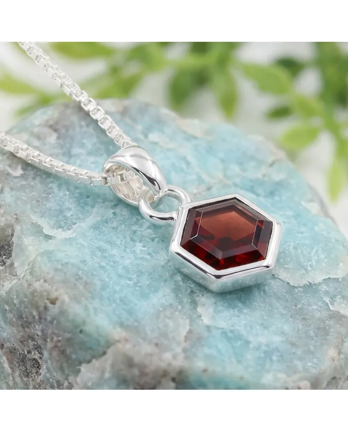 Hexagon Garnet Pendant 925 Sterling Silver Handmade Minimalist Jewelry