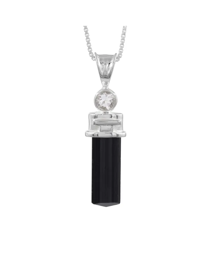 Black Tourmaline Crystal Pencil Pendant | 925 Sterling Silver Jewelry