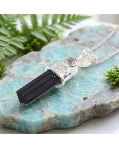 Black Tourmaline Crystal Pencil Pendant | 925 Sterling Silver Jewelry