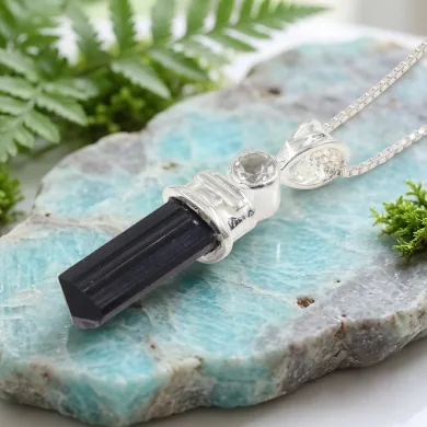 Black Tourmaline Crystal Pencil Pendant | 925 Sterling Silver Jewelry