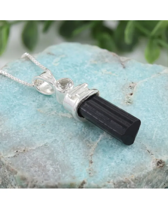 Black Tourmaline Crystal Pencil Pendant | 925 Sterling Silver Jewelry