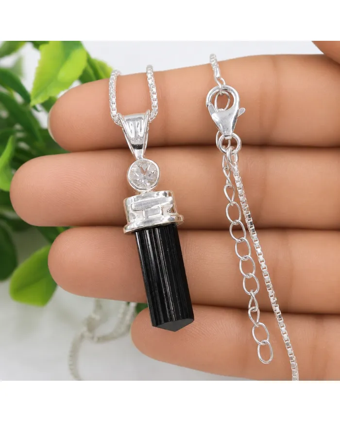 Black Tourmaline Crystal Pencil Pendant | 925 Sterling Silver Jewelry